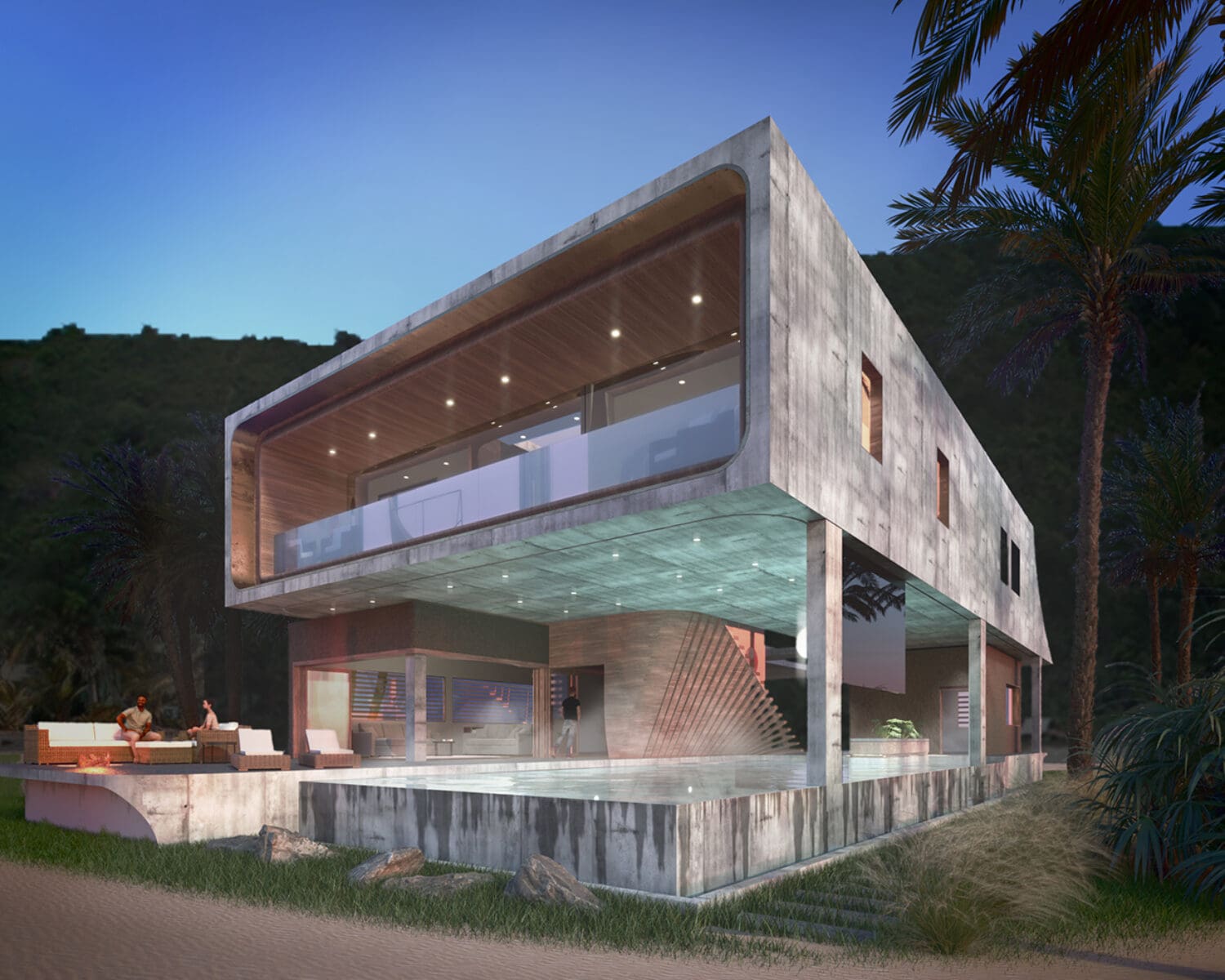 Exterior architectural rendering with wood and concrete and an infinity pool