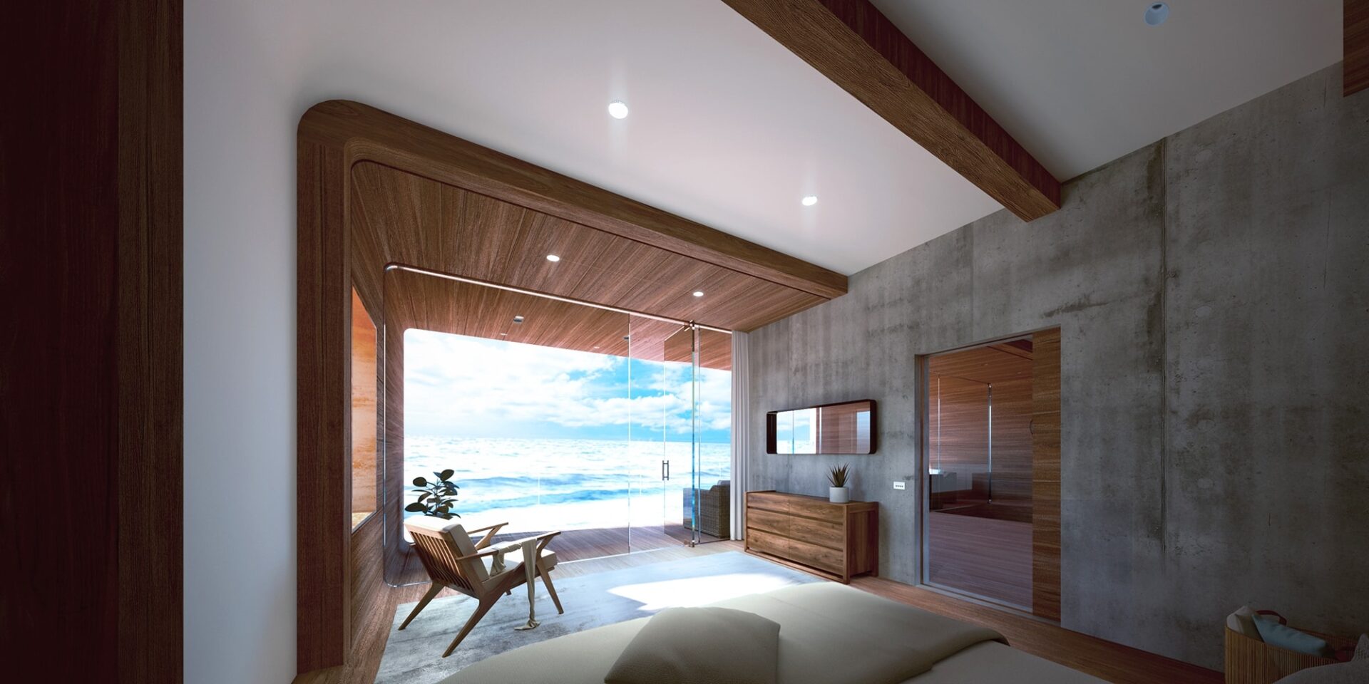 Interior architectural rendering of a bedroom with sea view made of wood and concrete