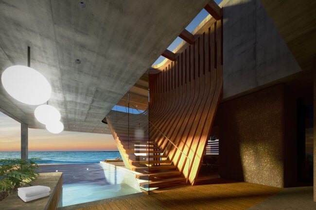 STE-AD BEND House: Architectural Rendering showing the infinity pool, bent wood staircase against the concrete walls and ceilings credit Sean T Ellis