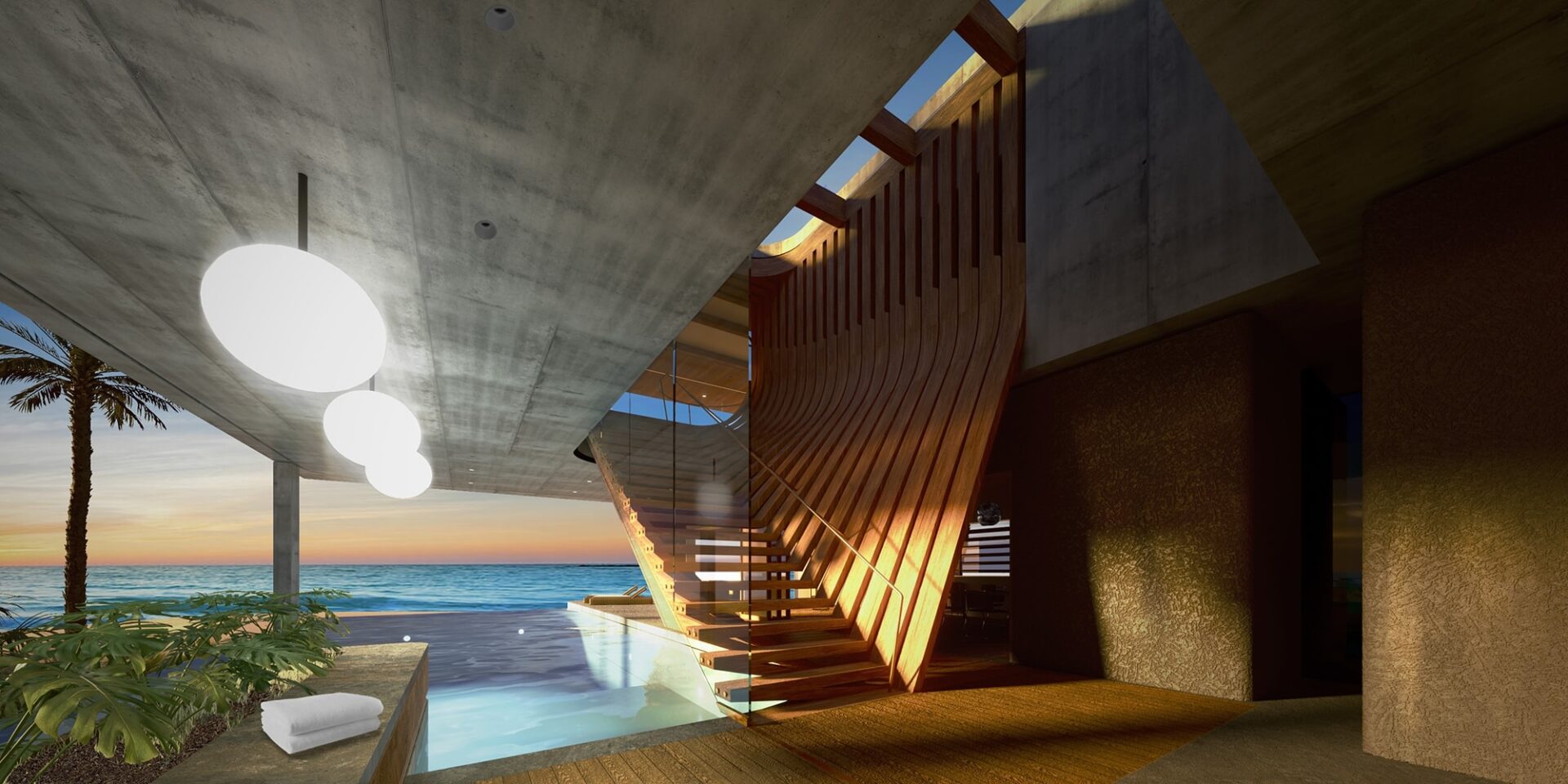 STE-AD BEND House: Architectural Rendering showing the infinity pool, bent wood staircase against the concrete walls and ceilings credit Sean T Ellis