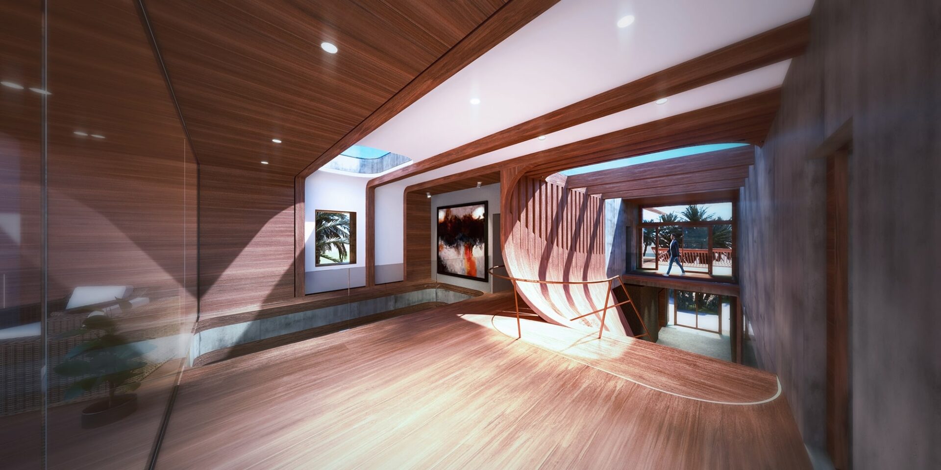 BEND House: Architectural rendering of the Interiors comprised of bent wood and concrete