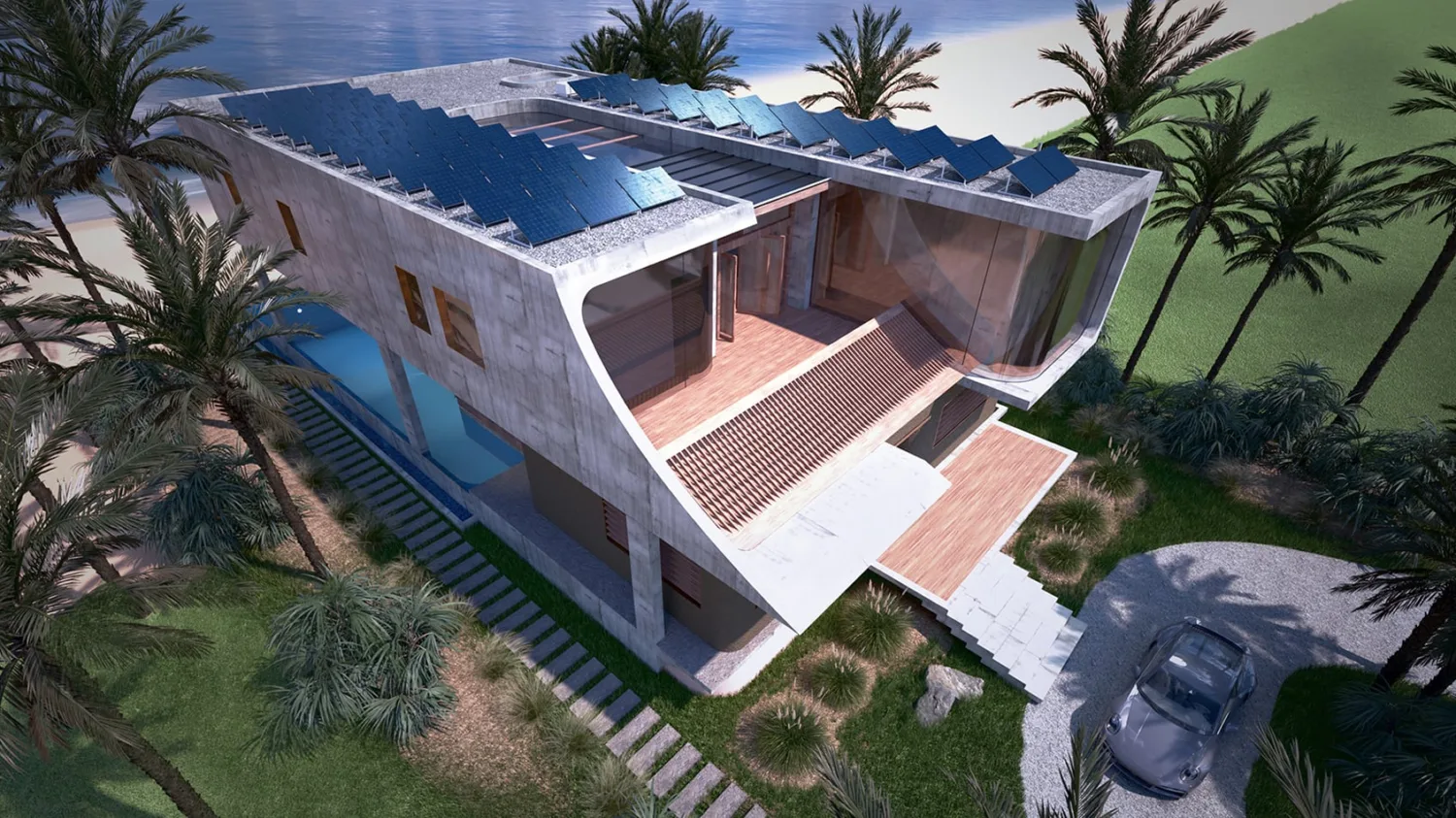 Exterior architectural rendering with wood and concrete