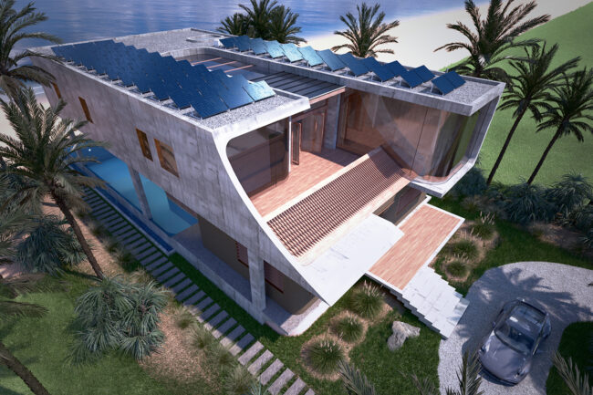 Exterior architectural rendering with wood and concrete