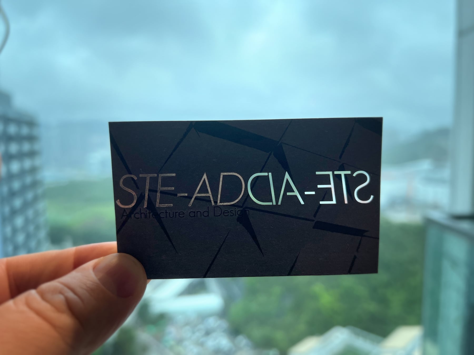 STE-AD Business Card with Cut Hole Letters in front of green landscape Photo - Contact Us for a Free Consultation