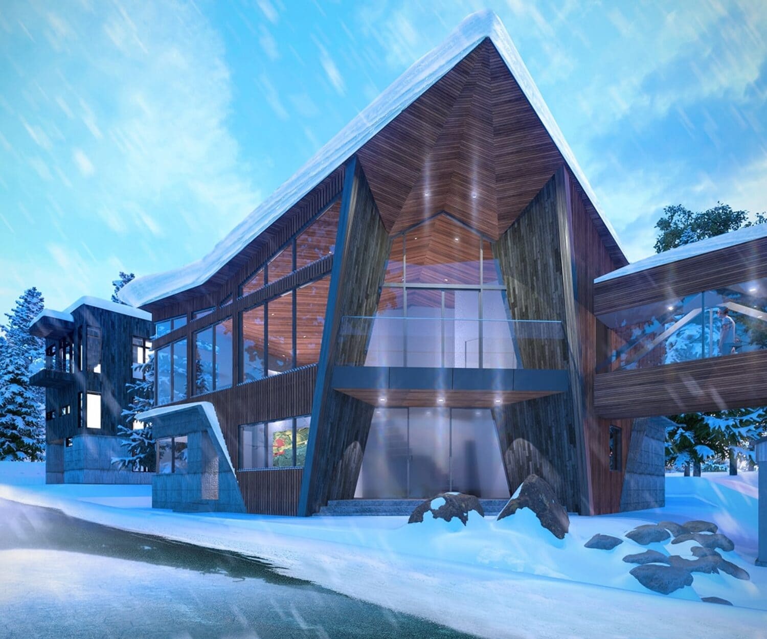 Griifin Origami House Exterior Rendering in the Snow