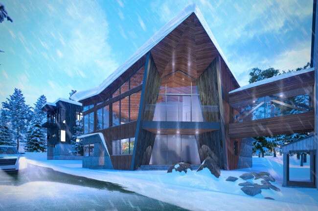 Griifin Origami House Exterior Rendering in the Snow