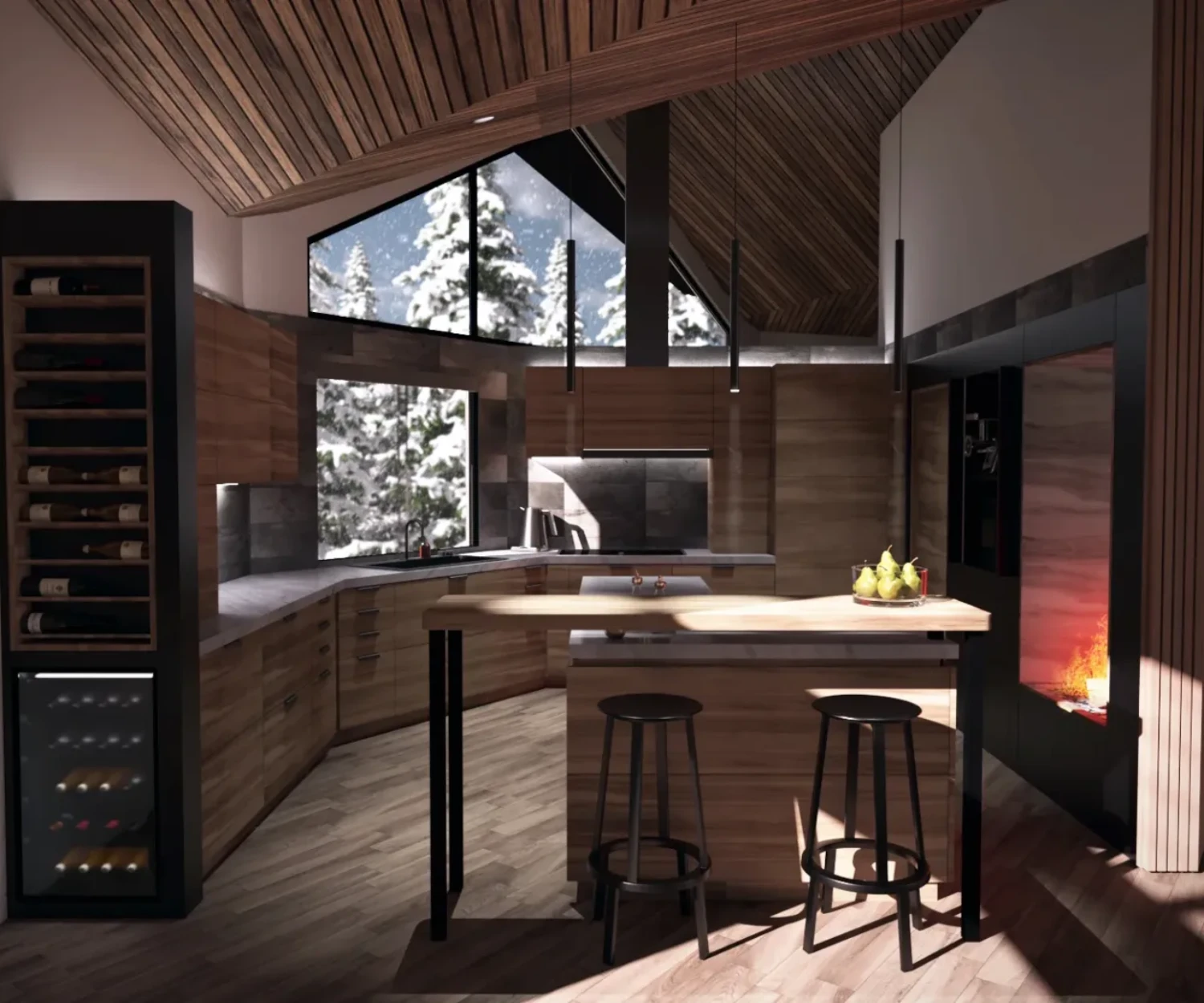 Kitchen Rendering of a House in Niseko with Timber Panels
