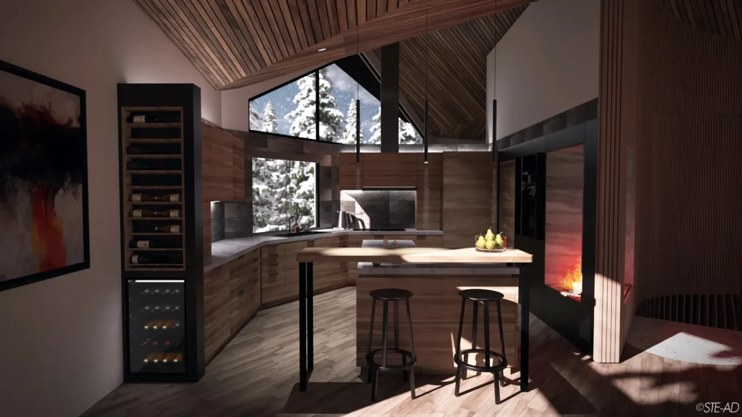 Kitchen Rendering of a House in Niseko with Timber Panels