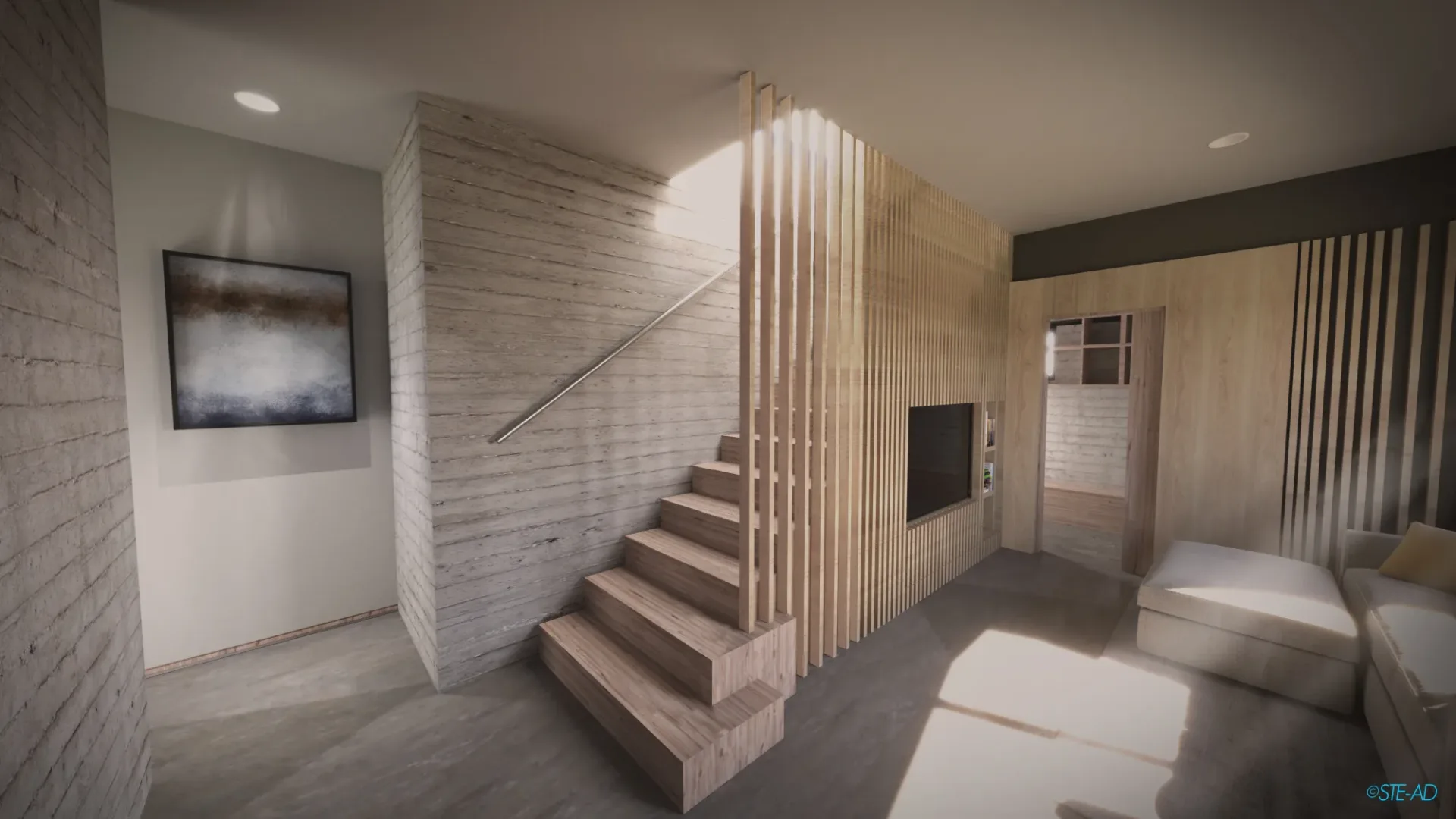 Interior Rendering of a Timber and Concrete House in Niseko Japan