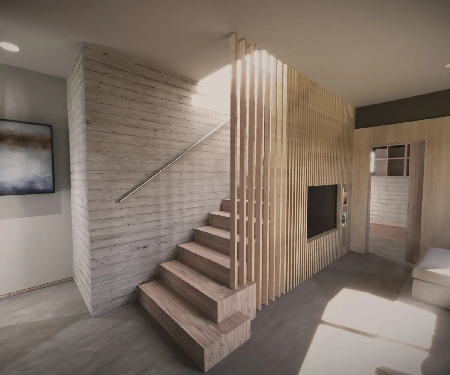 Interior Rendering of Timber Staircase and Concrete Walls