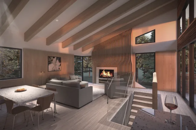 Interior Rendering of a Timber and Concrete House in Niseko Japan