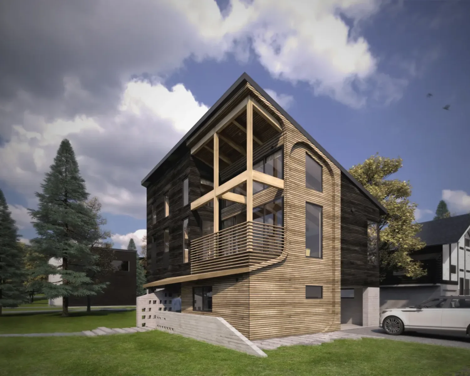 Exterior Rendering View of a House with Concrete, Burnt Timber, Natural Timber at Daytime in a Suburban Setting in Niseko Japan