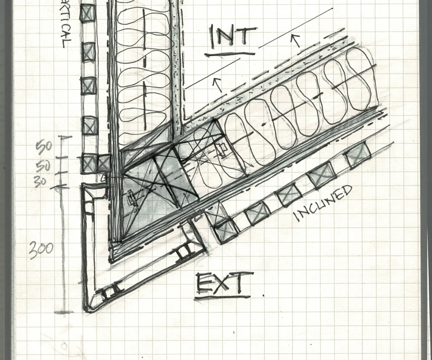 Architectural Detail Sketch Black Ink on Graph Paper
