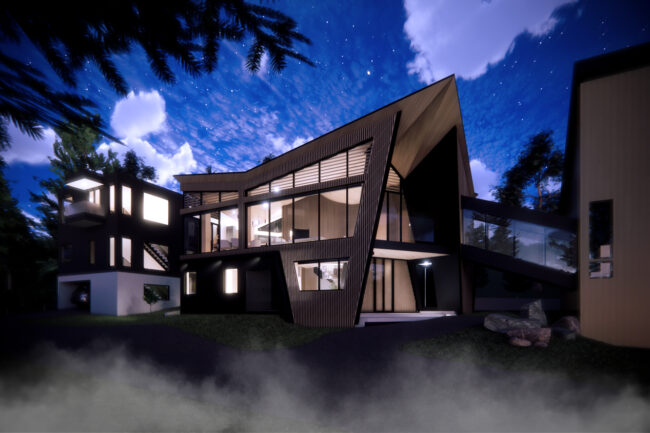 Architectural exterior night Rendering of a timber and steel house in Niseko Hokkaido Japan