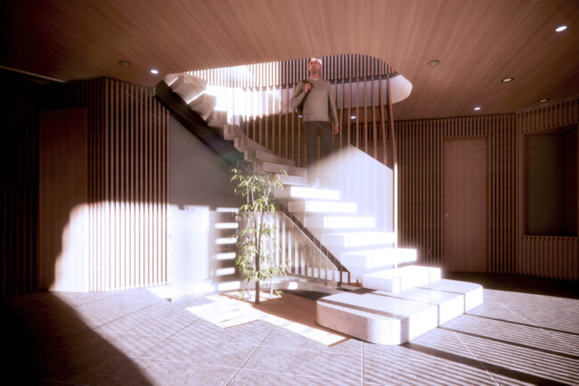 Interior Architectural Rendering of a timber and steel house in Niseko Hokkaido Japan