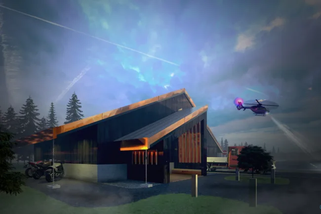 Architectural Exterior Rendering of a Shed for a Landing Strip and Helipad Park in Makkari Hokkaido Niseko Japan