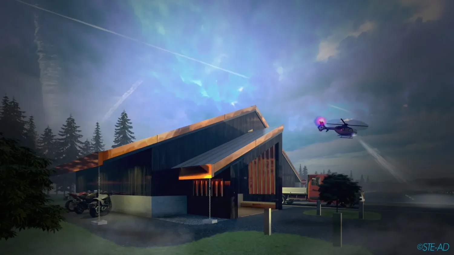 Architectural Exterior Rendering of a Shed for a Landing Strip and Helipad Park in Makkari Hokkaido Niseko Japan