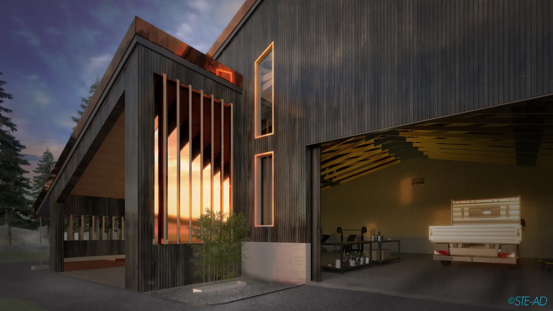 Architectural Exterior Rendering of a Shed for a Landing Strip and Helipad Park in Makkari Hokkaido Niseko Japan