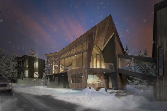 Origami House Exterior View Rendering at Sunset with Snow