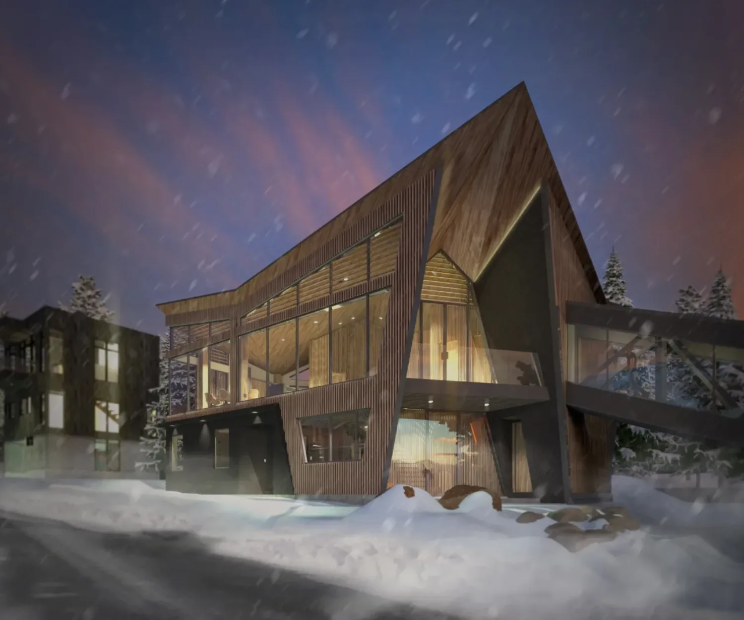 Origami House Exterior View Rendering at Sunset with Snow