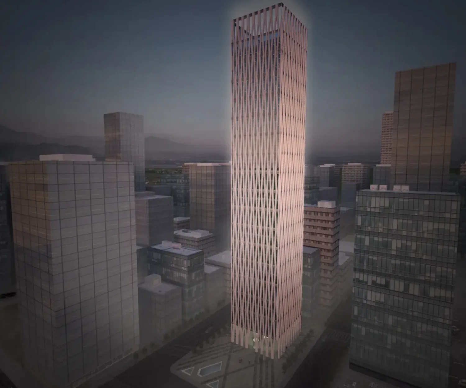 Aerial Rendering of a Mid-Rise Building at Dusk