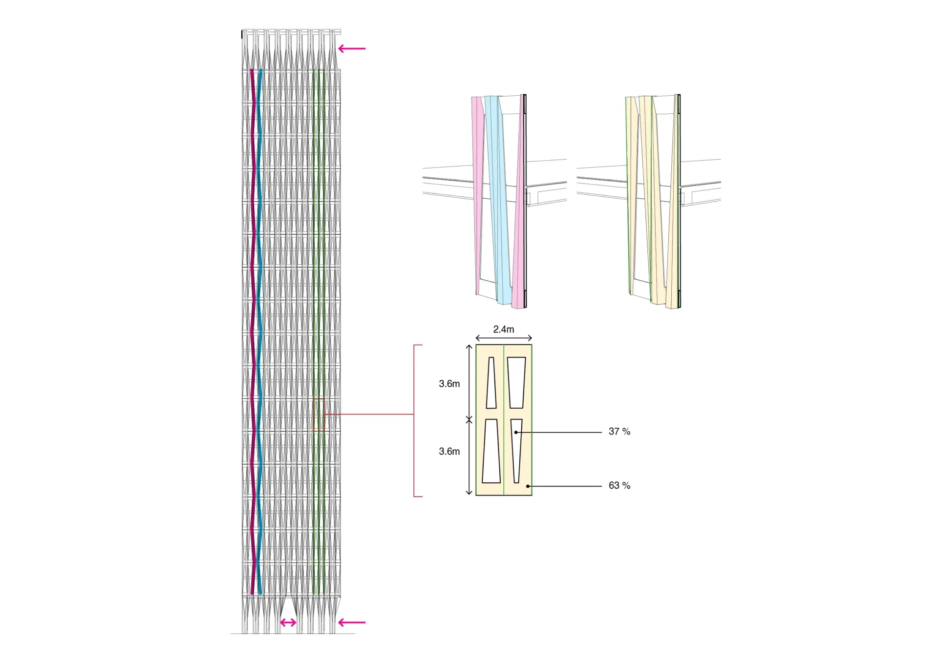 FACADE DESIGN SERVICES - Architecture Facade Diagrams - black and white line drawings with colored diagrammatic information illustrating the architectural moves and features of the facade