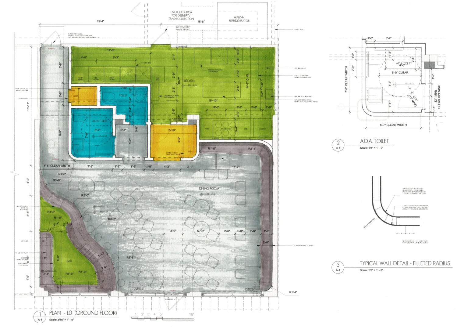 Mexican Restaurant Interior Design - Colored Ink Plan Dining Room and Kitchen
