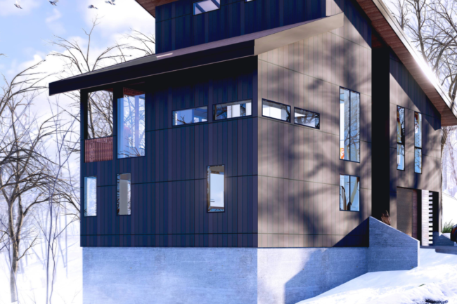 Rendering of a timber and concrete house in Madarao Nagano Japan in the snow