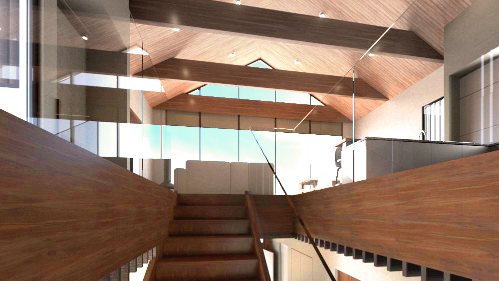 Architectural rendering of a modern wood house in Kabayama Niseko Hokkaido Japan Living Room with Beams