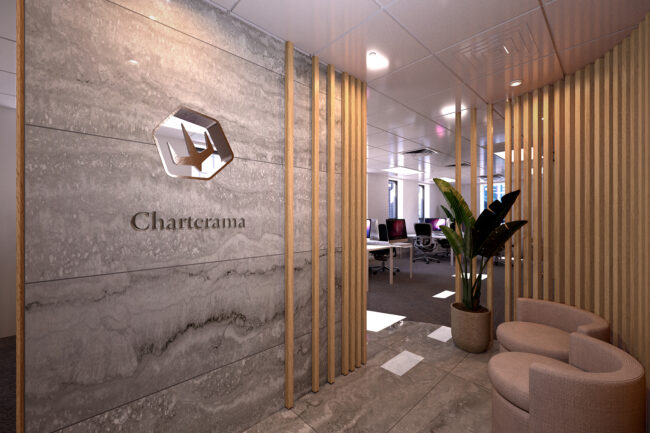 Rendering of Charterama office interior with wood cladding louvers and ceramic tile with stone pattern in Sheung Wan Hong Kong