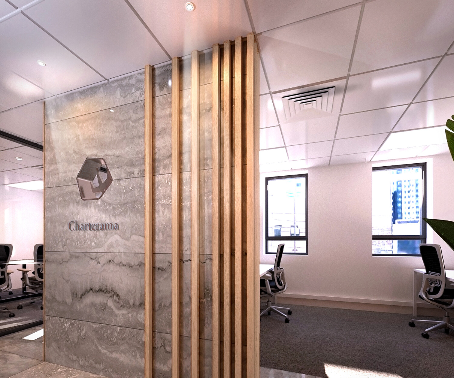 Rendering of Charterama office interior with wood cladding louvers and ceramic tile with stone pattern in Sheung Wan Hong Kong