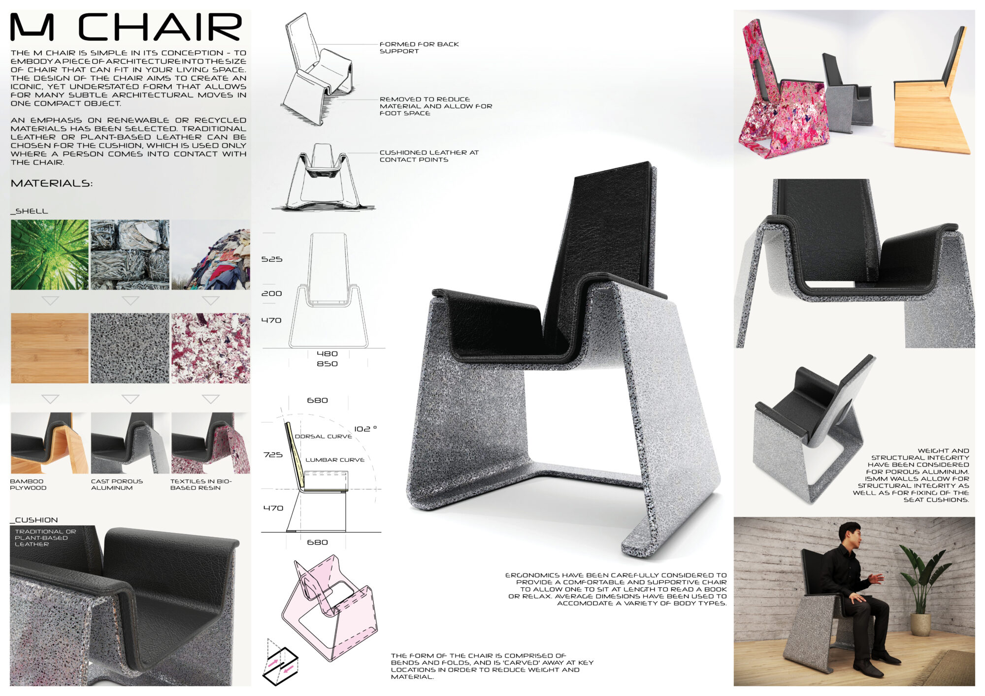 M Chair - rendering of a porous aluminium chair design by Architect Sean T Ellis at STEAD Architecture and Design
