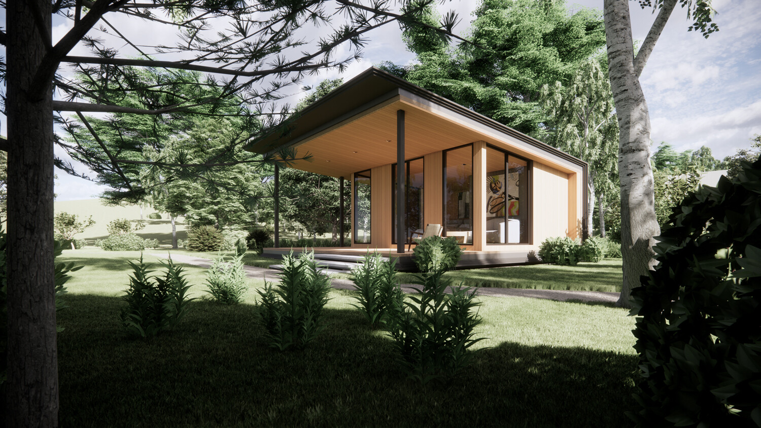 Architectural Rendering of Yang Chum Noi Villa Suit in Sisaket Thailand -Exterior view with wood walls and black metal cladding