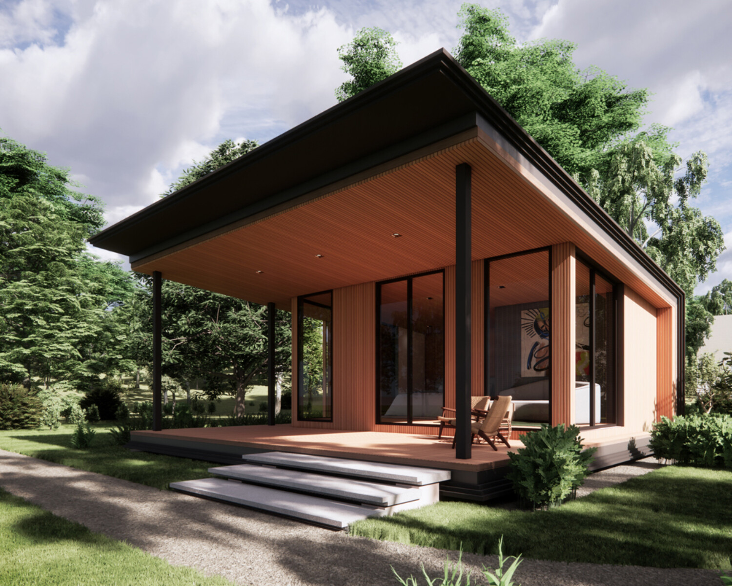 Architectural Rendering of Yang Chum Noi Villa Suit in Sisaket Thailand -Exterior view with wood walls and black metal cladding