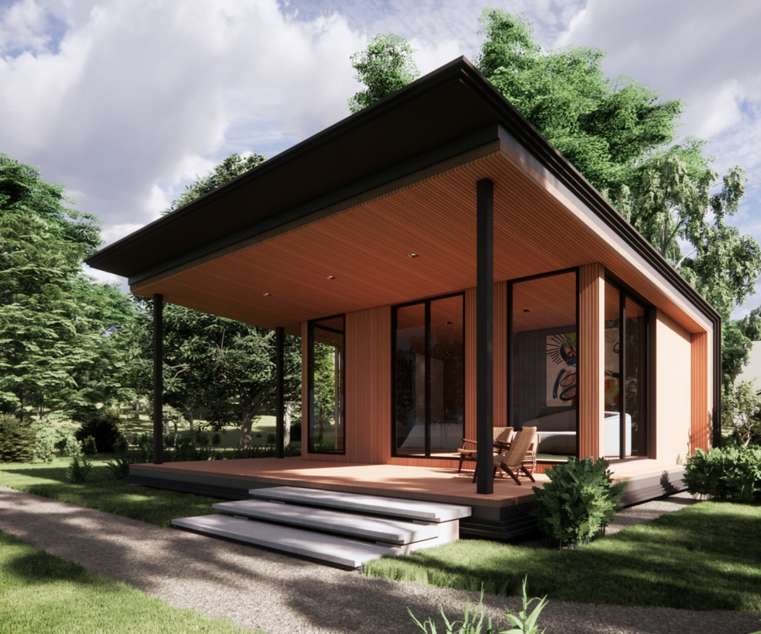 Architectural Rendering of Yang Chum Noi Villa Suit in Sisaket Thailand -Exterior view with wood walls and black metal cladding