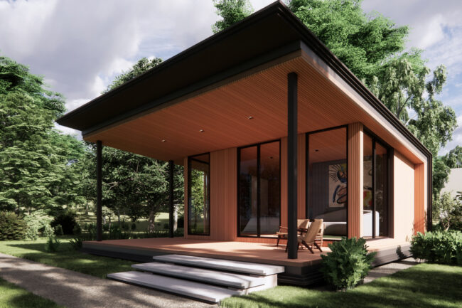 Architectural Rendering of Yang Chum Noi Villa Suit in Sisaket Thailand -Exterior view with wood walls and black metal cladding
