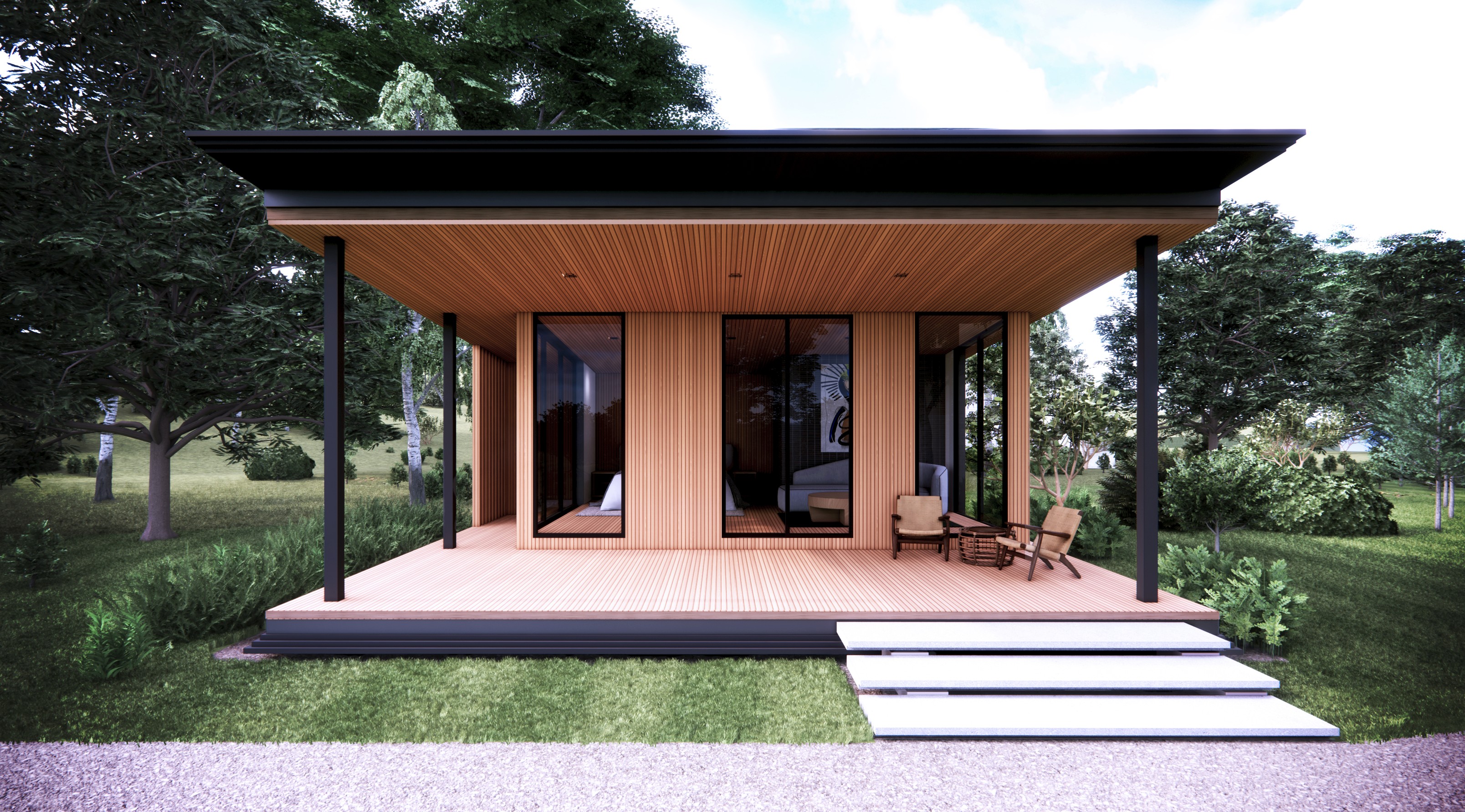 Architectural rendering of a natural wood and black metal villa suite in Yang Chum Noi Thailand